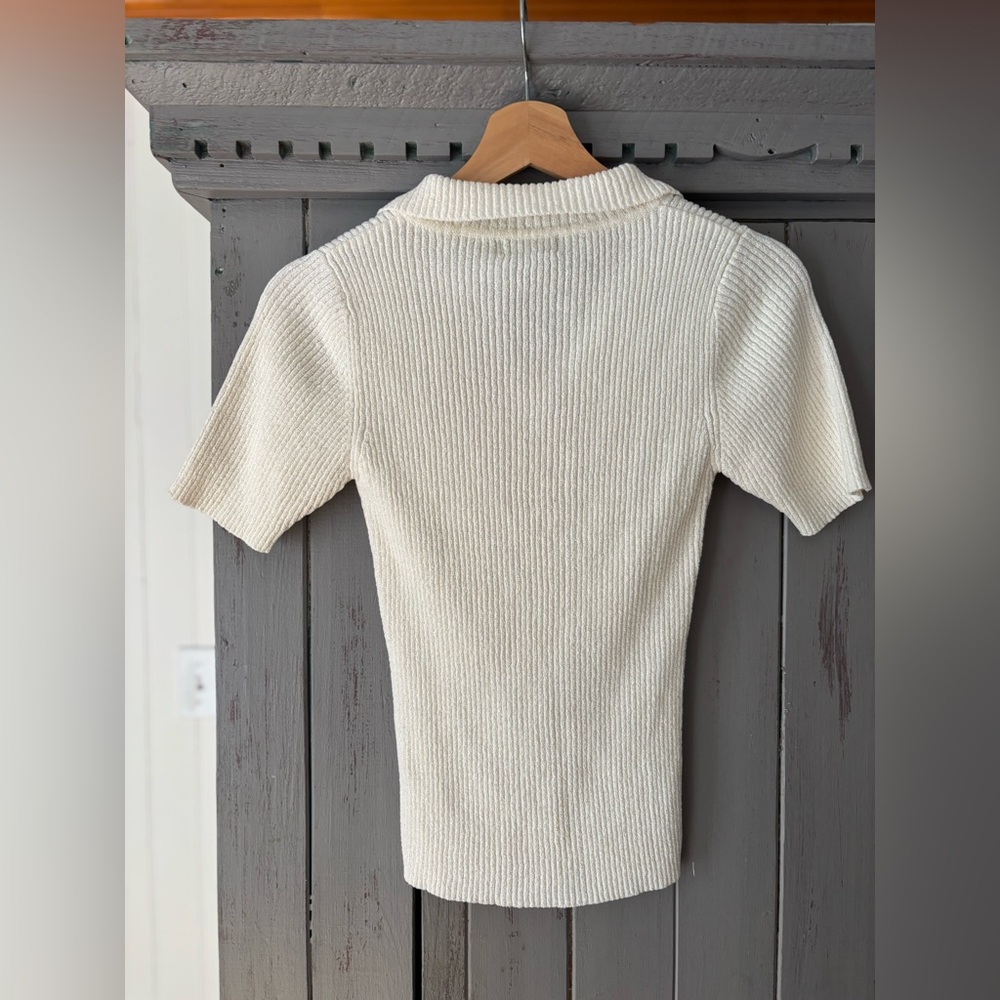 1990s Ribbed Knit Collared Top in Cream - Picture 2 of 4